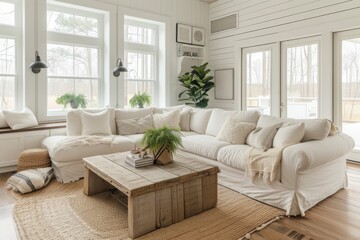 A modern farmhouse-style living room, featuring a distressed wood coffee table