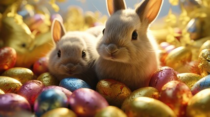 Two baby rabbits are sitting on pile of Easter eggs