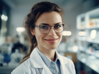 Woman wearing white lab coat and glasses is smiling