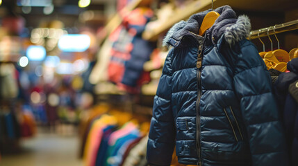 Blue jacket hangs on rack in store