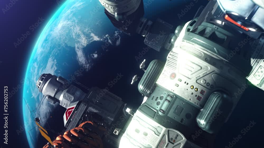 Canvas Prints a modular spacecraft flying in space orbiting a planet
