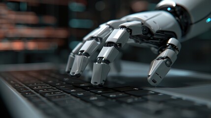 A robot hand is typing on a keyboard. Generate AI image
