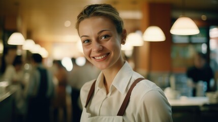Naklejka premium Smiling woman in white shirt stands in front of restaurant