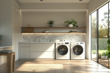 A high-tech laundry room design with smart appliances, touchscreen interfaces - obrazy, fototapety, plakaty