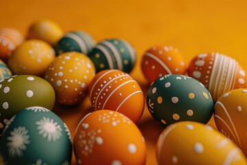 Bunch of painted eggs with different colors and designs