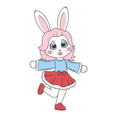 Cute joyful character baby bunny in a blouse and skirt with a bow. Easter rabbit. Festive vector illustration isolated on transparent background.