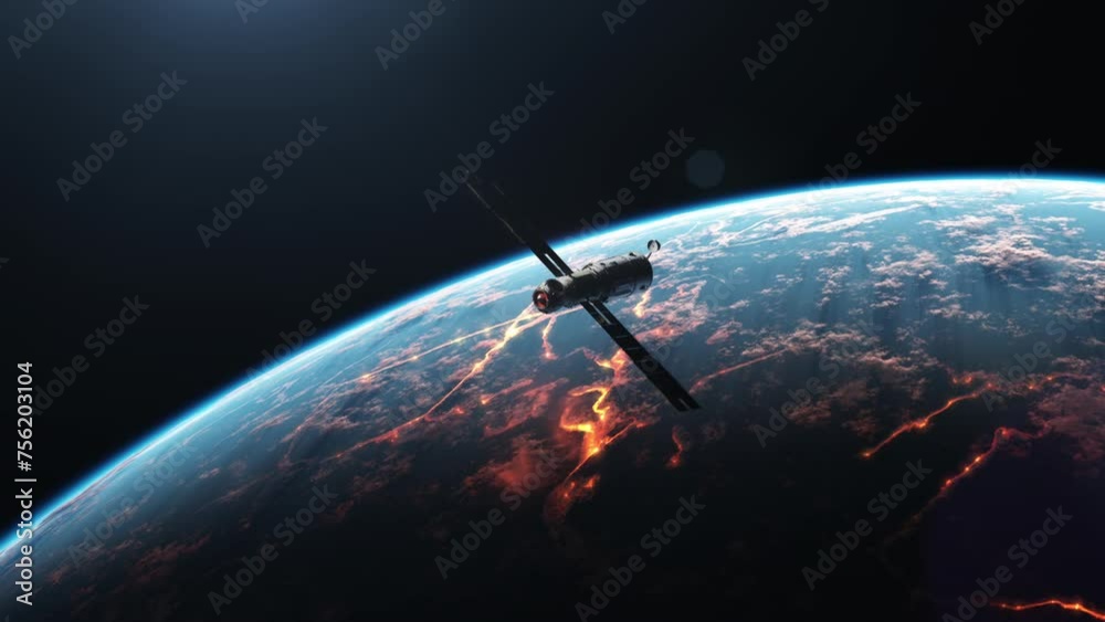 Wall mural the space module is flying through the darkness of space in the orbit of a planet, where chaos and t