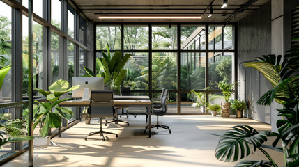 interior of a hotel, spring in the park, A defocused view of a modern office layout, with large windows creating a harmonious indoor-outdoor feel photography - Powered by Adobe