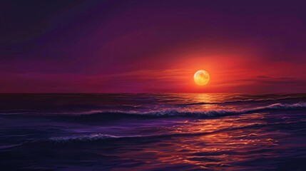 Painting of moonlit ocean with large red moon in sky