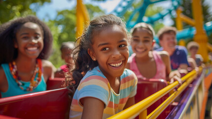 children in park, A diverse group of friends enjoying a laughter-filled day at an eco-friendly amusement park realistic stock photography