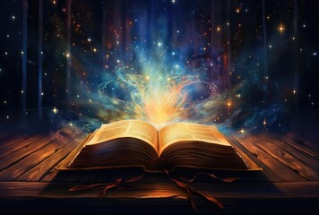 An open book with pages glowing, representing the universe of knowledge and inspiration. The background is dark with stars and galaxies - obrazy, fototapety, plakaty