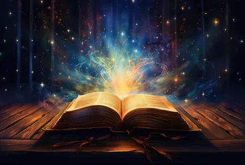 Keuken foto achterwand Sprookjesbos An open book with pages glowing, representing the universe of knowledge and inspiration. The background is dark with stars and galaxies