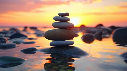 Stack of rocks on beach with sun setting in background