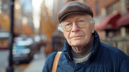 Fototapeta premium Older man wearing hat and glasses stands on city street