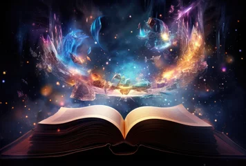 Fotobehang An open book with pages glowing, representing the universe of knowledge and inspiration. The background is dark with stars and galaxies © Goojournoon