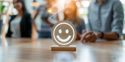 Fototapeta premium hand holding a phone, A detailed visualization of businessmen participating in a satisfaction feedback survey, symbolized by their interaction with the customer satisfaction icon photography