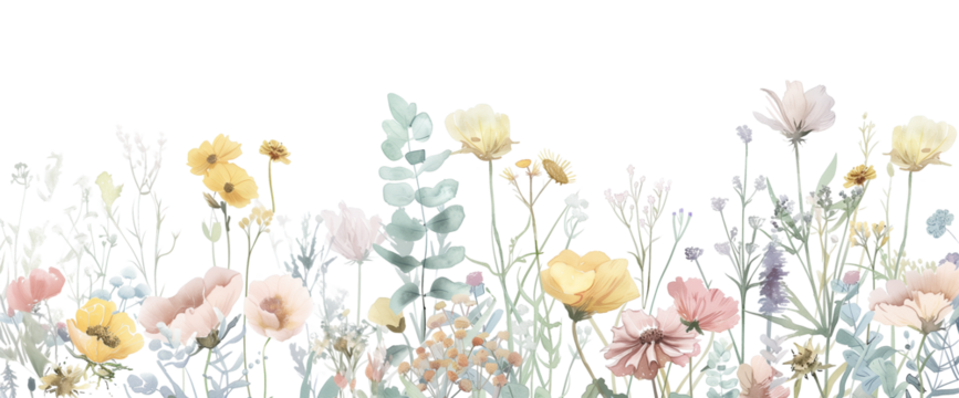 Nature’s Artistry: Elegant Botanical Watercolors and Dainty Wildflowers - A Summer Bloom Collection with Artistic Illustrations of a Pastel Garden, Isolated on a Transparent Background, PNG Cut Out.