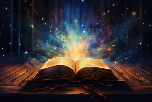 Naklejki An open book with pages glowing, representing the universe of knowledge and inspiration. The background is dark with stars and galaxies