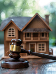 Wooden gavel sits on wooden table next to miniature house