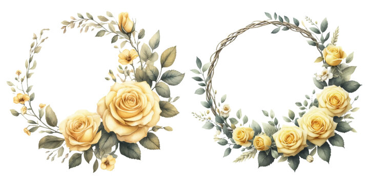 Yellow rose wreath watercolor illustration material set