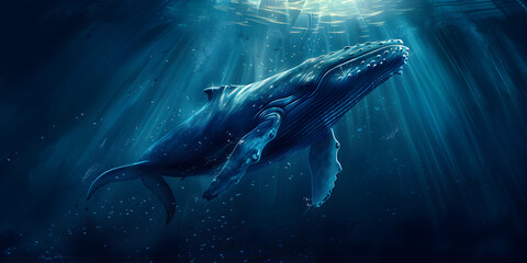 Fantasy blue whale in the deep sea.Generative Ai