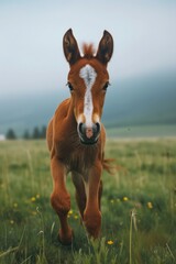 Young brown horse is running through field of grass