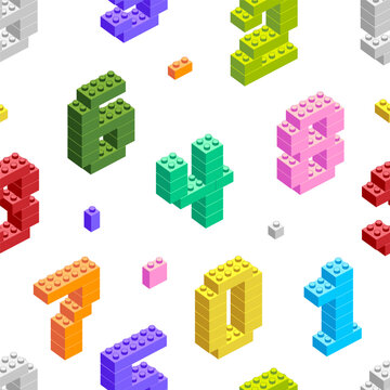 Seamless vector pattern of numbers, figures made from construction blocks