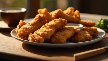 Appetizing crispy golden chicken strips with fresh lemon and sprinkled herbs and spices on a rustic table	