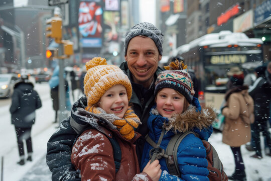  a happy family taking a photo during winter in New York City