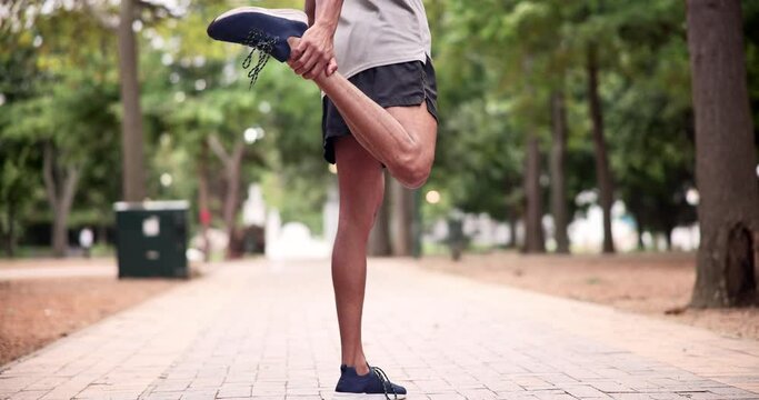 Fitness, stretch and legs for male runner, cardio and activewear in park or nature. Workout, health and muscle warm up for exercise sports, outdoor and man athlete training for race or competition