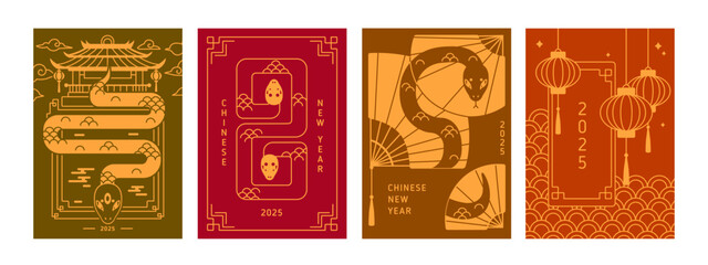 Chinese New Year, greeting cards sets. 2025, China posters designs with snake. Eastern line-art postcards layouts, Asian oriental lunar animal symbol, vertical backgrounds. Flat vector illustrations