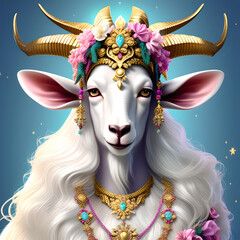 A goat in the shape of a woman, wearing a dress, a crown and decorations