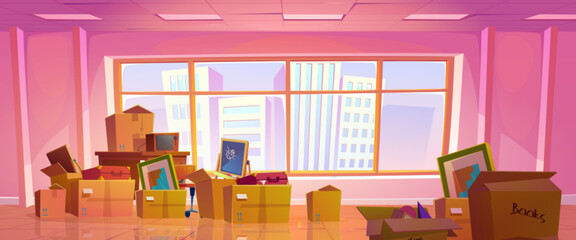 Moving to new house concept with cardboard boxes with stuff in empty room with city landscape outside big window. Cartoon vector piles of carton packs with belongings for relocation or storage. - obrazy, fototapety, plakaty