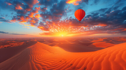 Fototapeta premium A fiery sunset casts a blaze of orange and red across the vast desert, with undulating sand dunes creating a mesmerizing pattern.