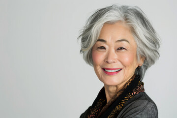 Fototapeta premium Portrait of old healthy, cheerful beautiful senior Asian woman smiling and looking at camera with white background. Happy aging society, retirement and senior healthcare concept