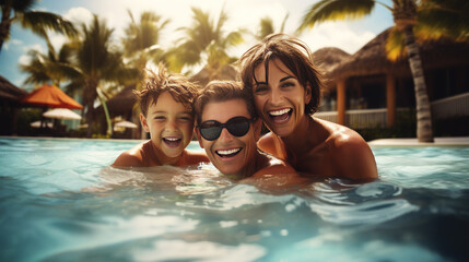 Happy family having fun on summer vacation. Man, woman and kid swimming.  Hispanic parents and child playing in swimming pool. Traveling to tropical beach. Active healthy lifestyle concept