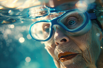 a senior woman in goggles and cap swimming underwater in pool