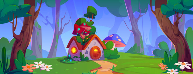 Tiny fantasy house with mushrooms on roof in forest. path leads to fairy elf or animal home in woodland in summer. Cartoon vector day landscape with trees and bushes, green grass and daisy flowers. - obrazy, fototapety, plakaty