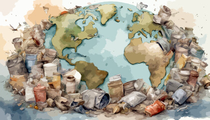 Landkarte mit Müllbergen überall. Umweltzerstörung in unfassbarem Ausmaß. Vernichtung der Lebensgrundlage weltweit.