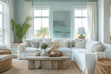 A coastal living room design with soft hues of blue and green