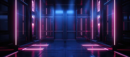 Empty elevator scene with neon lights at night, creating an abstract backdrop.