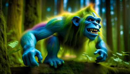 A digitally created image of a troll with augmented limbs and glowing eyes, set against a vibrant and eerie background.