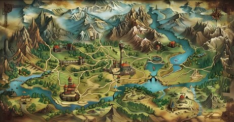 Map elements of fantasy land in colorful illustration of mystery realm