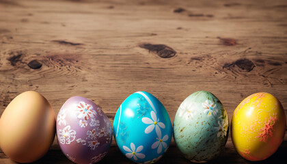 Easter in the Woods: Colorful Eggs Arranged on Wooden Background
