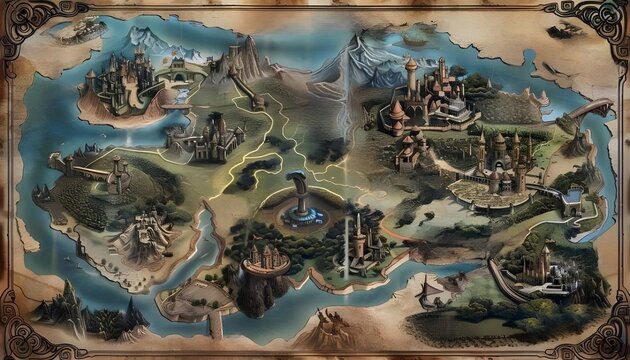 Map elements of fantasy land in colorful illustration of mystery realm