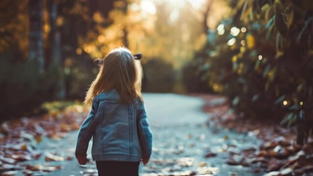 A little girl walks in the autumn park on a sunny day.