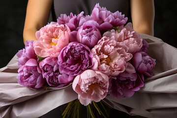 young woman packs a bright bouquet of peonies in craft paper