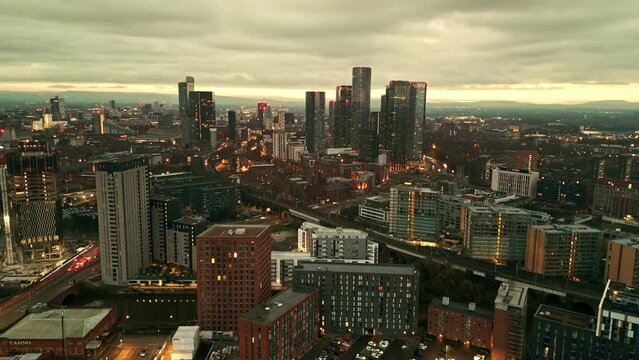 Drone shot across Manchester  Deansgate Square, Manchester, UK