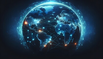 Naklejka na ściany i meble a digital and network-connected representation of Earth, highlighting continents with glowing nodes and connections to symbolize global communication and connectivity.
