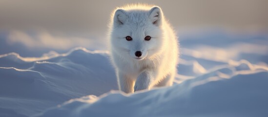 A carnivore terrestrial animal with electric blue fur, whiskers, and a snout resembling a dog breed, the white fox stands in the snow, gazing at the camera in a majestic circle